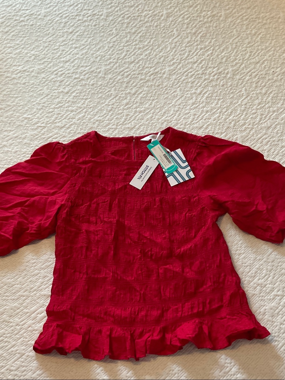 Market & Spruce Red Lauren smocked Puff-Sleeve Blouse with Ruffle Hem XL NWT